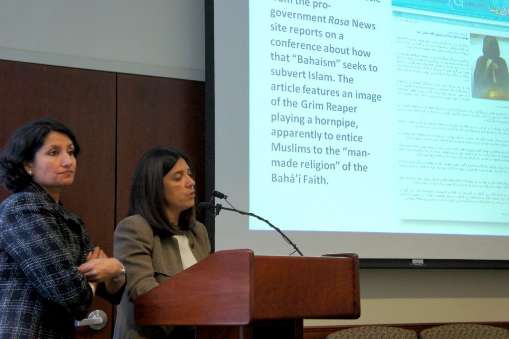 The report, "Inciting Hatred – Iran's Media Campaign to Demonize Baha'is," was launched on Friday 21 October at the New York offices of the Baha'i International Community (BIC). Pictured here are, left, Bani Dugal, the BIC's Principal Representative to the United Nations; and, right, Diane Ala'i, BIC Representative to the UN in Geneva. The report reflects the Iranian government's "irrational fear" and "great contempt" of its Baha'i community, said Ms. Ala'i.