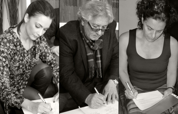 Three prominent Romanian personalities add their signatures to a petition calling upon the government of Iran to grant Baha'is their fundamental human rights. They are, from left to right, TV news presenter Andreea Berecleanu; musician Ovidiu Lipan Tandarica; and actress, Maia Morgenstern.