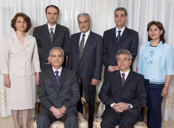 The seven Baha'i prisoners, photographed several months before their arrest, are, in front, Behrouz Tavakkoli and Saeid Rezaie, and, standing, Fariba Kamalabadi, Vahid Tizfahm, Jamaloddin Khanjani, Afif Naeimi, and Mahvash Sabet. Ms. Sabet was detained on 5 March 2008. Her six colleagues were arrested in raids on their homes on 14 May 2008.