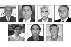 Educators affiliated with the Bahai Institute for Higher Education who have been imprisoned in Iran, from left to right, top: Mahmoud Badavam, Ramin Zibaie, Riaz Sobhani, Farhad Sedghi; bottom: Noushin Khadem, Kamran Mortezaie, Vahid Mahmoudi