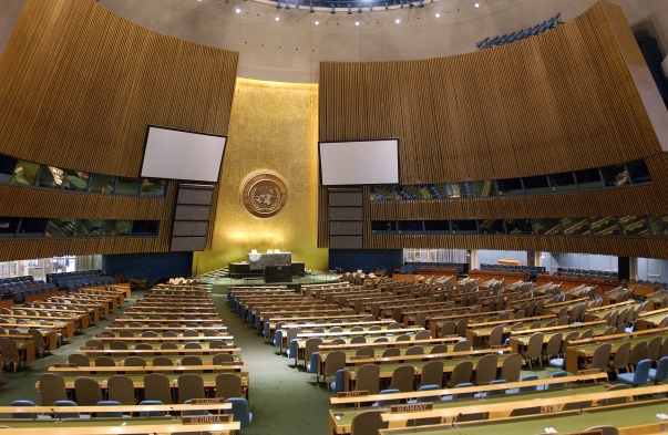 An interior view of the United Nations General Assembly hall, New York City. The annual resolution on human rights in Iran was approved yesterday by a vote of 85 to 35 with 63 abstentions by the General Assembly's Third Committee. Photo credit: UN/Sophia Paris