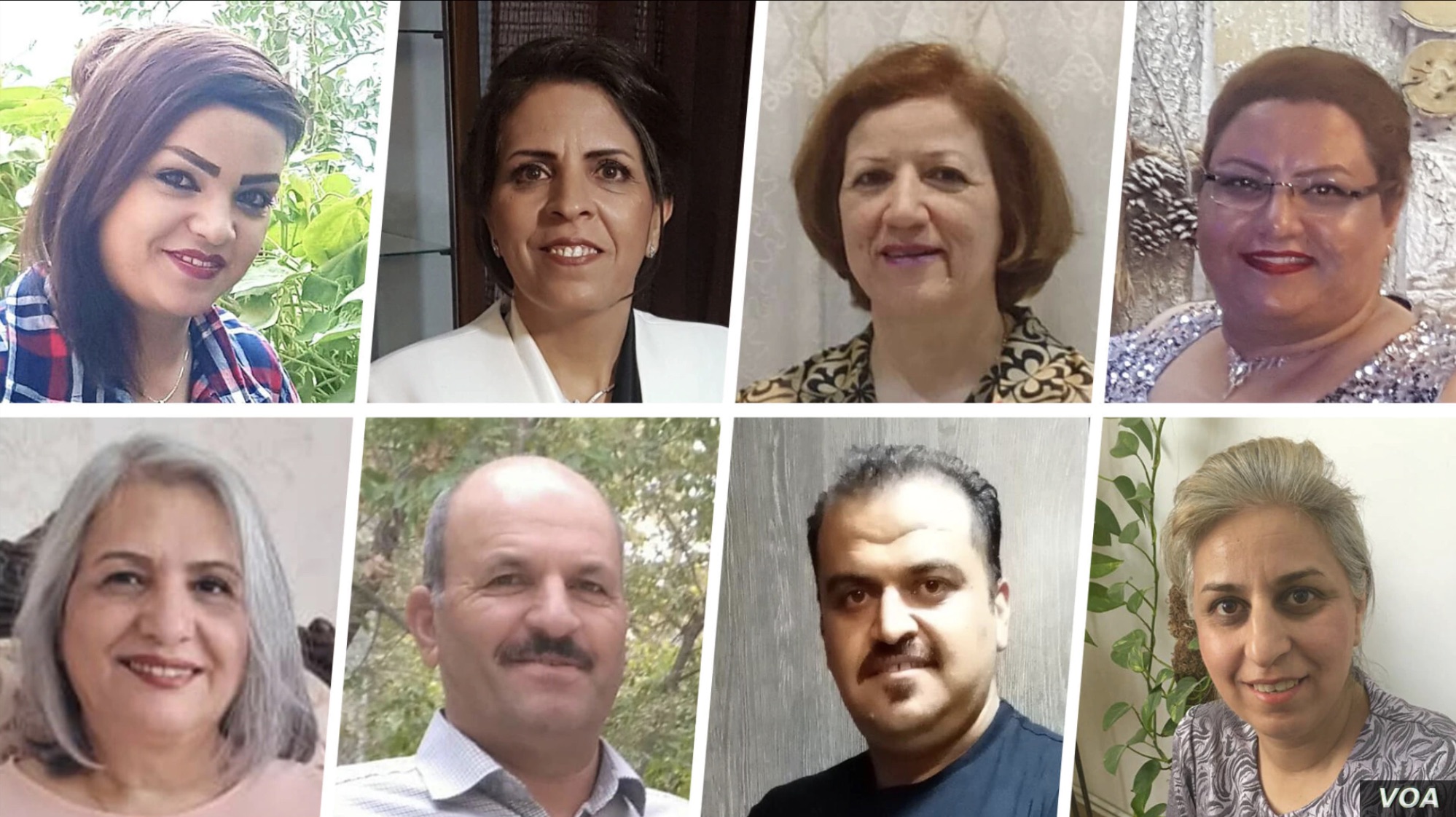 Iranian Baha'is who received a September 28, 2020, summons to prison in Birjand. Top from left: Arezoo Mohammadi, Farzaneh Dimi, Atieh Salehi, Roya Malaki. Bottom from left: Nasrin Ghadiri, Ataollah Malaki, Saeed Malaki, Banafsheh Mokhtari. (VOA Persian)