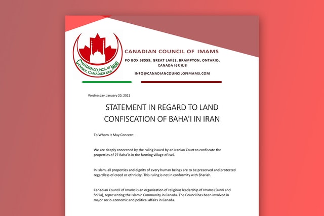 A statement of the Canadian Council of Imams in support of the Bahá’ís in Ivel.