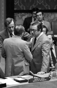 Dr. Clovis Maksoud, on the right, in a 1982 photograph conferring at the United Nations when he was Ambassador for the League of Arab States. (UN Photo/Yutaka… »