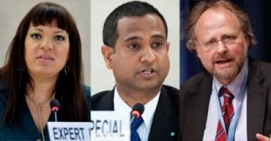 (From left to right) Rita Izsak, the United Nations Independent Expert on minority issues; Ahmed Shaheed, the United Nations Special Rapporteur on the situation of human rights in Iran; Heiner Bielefeldt, the United Nations Special Rapporteur on freedom of religion or belief. UN Photos/Jean-Marc Ferre and Paulo Filgueiras.