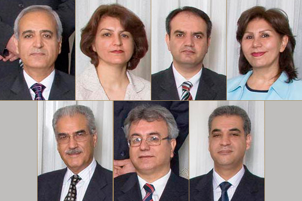 The imprisoned individuals are, top from left, Behrouz Tavakkoli, Fariba Kamalabadi, Vahid Tizfahm, Mahvash Sabet; bottom from left, Jamaloddin Khanjani, Saeid Rezaie and Afif Naeimi.