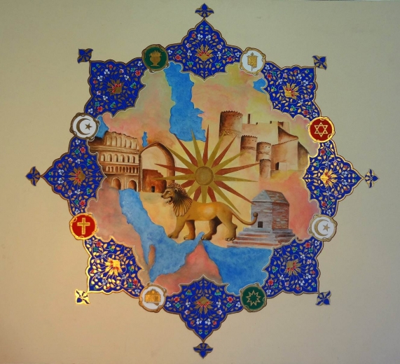 Artwork by Ayatollah Abdol-Hamid Masoumi-Tehrani, which he has divided into eight parts corresponding with eight religious groups in the country. He has dedicated parts of the painting to Zoroastrians, Jews, Christians, Mandaeans, Yarsanians, Baha’is, and Sunni and Shia Muslims in the country, all of whom he considers “essential aspects of Iran’s national culture as well as the entire region’s spiritual and religious reservoir."
