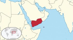 Yemen, in red, in the Middle East. Map courtesy of Creative Commons