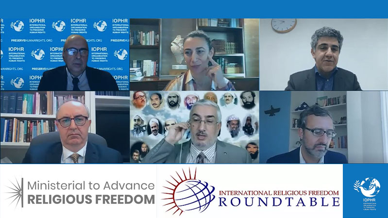 Clockwise from top-left: Afshin Sajedi (IOPHR), Sharon Nazarian (ADL), Mansour Borji (Article18), Alireza Nader (FDD), Ebrahim Ahrari Khalaf (Kalemeh TV), and Farhad Sabetan (BIC).